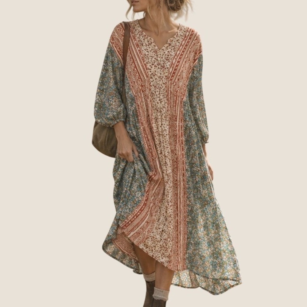 Floral Maxi Dress Medium Boho Patchwork Festival Hippie Peasant Flowy Cottage